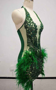 Luxury Beaded Halter Mini Dress With Ostrich Feather Trim Cocktail Party Dress