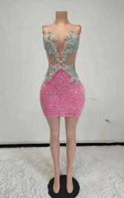 Deep V Neck Illusion Dress With Silver Appliques And Sequin Skirt