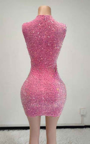 Deep V Neck Illusion Dress With Silver Appliques And Sequin Skirt