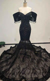 Midnight Noir Sequin Mermaid Gown With Dropped Tassel Sleeves And Cathedral Train
