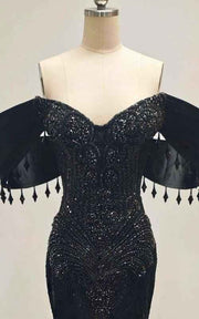 Midnight Noir Sequin Mermaid Gown With Dropped Tassel Sleeves And Cathedral Train