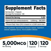 Nutricost Vitamin B12 (Methylcobalamin) 5000mcg, 120 Capsules - Vegetarian Caps, Non-GMO, Gluten Free B12 Supplement