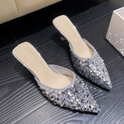 Women's new trend fashion pointy sequin heels French ins stiletto half slippers