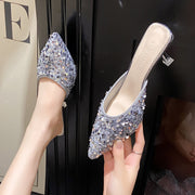 Women's new trend fashion pointy sequin heels French ins stiletto half slippers