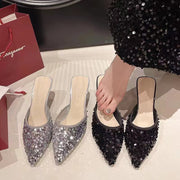 Women's new trend fashion pointy sequin heels French ins stiletto half slippers