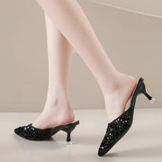 Women's new trend fashion pointy sequin heels French ins stiletto half slippers