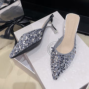 Women's new trend fashion pointy sequin heels French ins stiletto half slippers