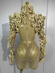 Nouvelle robe courte à manches longues à volants en strass dorés scintillants 2026, robe transparente, soirée d'anniversaire, soirée sexy, costume de scène de boîte de nuit
