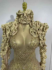 Nouvelle robe courte à manches longues à volants en strass dorés scintillants 2026, robe transparente, soirée d'anniversaire, soirée sexy, costume de scène de boîte de nuit