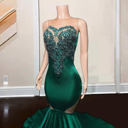 Elegant Green Sheer Neck Rhinestone Mermaid Prom Dress