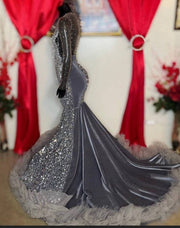 Luxury Silver Prom Dresses: Sheer Neck One Shoulder Rhinestone Sequin Mermaid Gown