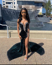 Green Velvet Prom Dresses Long Mermaid Beads Strapless Sexy High Split Formal Party Gowns Custom Made