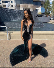 Green Velvet Prom Dresses Long Mermaid Beads Strapless Sexy High Split Formal Party Gowns Custom Made