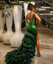 Luxury Green Mermaid  Prom Dress Sheer O Neck Long Beaded Crystal Ruffles Birthday Party Gowns