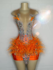 Fuchsia Orange Feathered Mini Dress