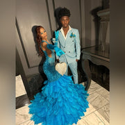 Opulent Elegance: Crystal-Adorned Aqua Feather Prom Dresses 2024