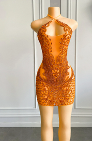 Luxury Sparkly Diamond Sheer Orange Beaded Cocktail Gown