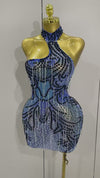 Marjani Sexy Sparkly Rhinestones Chains Blue Mesh Dress