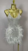 Sparkling Diamond Feather Sexy V-Neck Sequined Halter Mini Dress