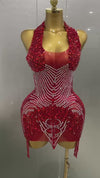 2025 New Sexy Sparkly Rhinestones Halter Backless Mesh Velour Short Dress