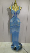 Shai Sparkly Rhinestones Tassel sexy Mesh Slip Long Dress
