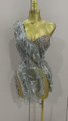 Carrie Sparkly Rhinestone Sequins Tassel Mesh One Shoulder Short Dress