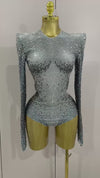 Liv Sparkly Silver Rhinestone Bodysuit with Long Sleeves