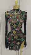 Monai Sparkle Multicolor Rhinestones Black Mesh Gloves Slit Mini Dress