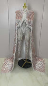 A’Rielle Feathers Cloak White Printing Sexy Sheath Jumpsuit