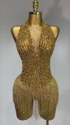 Angie See Through Stretch Gold Rhinestone Dress