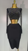 Lovely Long Sleeve Mesh Pearl Black Top Two-Piece Set