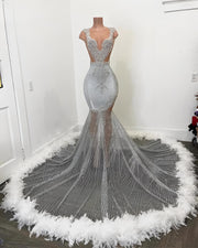 Feather Beading Mermaid Prom Dress