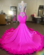 Fuchsia Mermaid Prom Dress Crystal beading feathers party dress satin backless