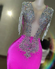 Fuchsia Mermaid Prom Dress Crystal beading feathers party dress satin backless