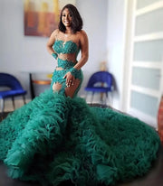 Green Prom Dresses Applique Beading Mermaid Party Dress Long Sleeve Evening Gown