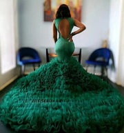 Green Prom Dresses Applique Beading Mermaid Party Dress Long Sleeve Evening Gown