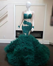 Green Prom Dresses Applique Beading Mermaid Party Dress Long Sleeve Evening Gown