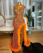 Orange Sequin Prom Dresses Sparkly Rhinestone Split Feather Evening Dress Sheer Neck