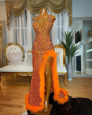 Orange Sparkly Rhinestone Sequin Prom Dress