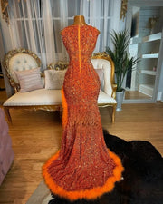 Orange Sparkly Rhinestone Sequin Prom Dress