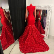 Red High Neck Beaded Long Sleeves Prom Dress