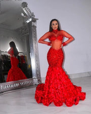 Red High Neck Beaded Long Sleeves Prom Dress