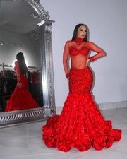 Red High Neck Beaded Long Sleeves Prom Dress