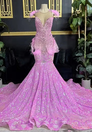 Sequin Beading Feather Mermaid  Prom Gown