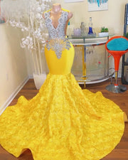 Luxury Yellow Rhinestone Beading  Prom Dress