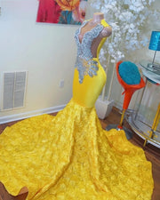 Luxury Yellow Rhinestone Beading  Prom Dress