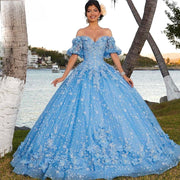 Sparkly Tulle Blue Off The Shoulder Quinceanera Dresses Princess Ball Gown Vestido De 15 Anos Sweet 16 Dresses Gala