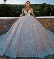 Luxury Wedding Dresses Ball Gown Puffy Long Sleeve Sequins Tulle Lace Crystal Vintage Formal Bride Dress Custom Made DE42M