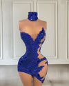 Mannequin Wearing an Elegant Blue Beading Mini Birthday Dress with Intricate Embellishments, Styled for Sophisticated Celebrations