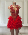 Mannequin Wearing a Red Luxury Rhinestone Birthday Dress with Crystal Embellishments and a Sleek Silhouette, Styled for Glamorous Celebrations